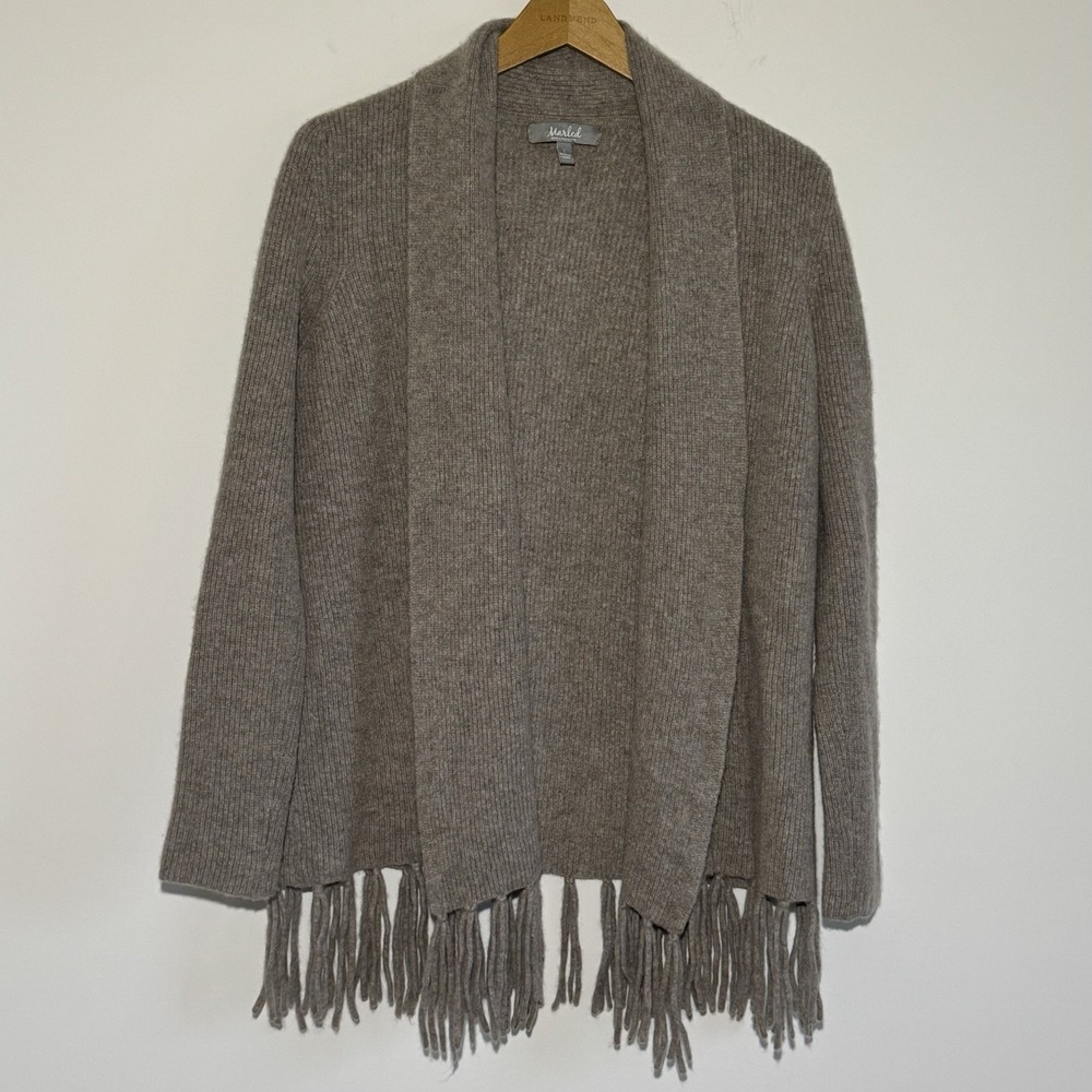 Marled Clothing 100% Cashmere Cardigan Sweater Fringe Womens Large Beige Neutral